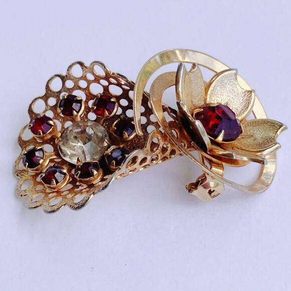 VTG Mid Century Gold Tone Rhinestone Fan Flower Brooch Costume Jewelry 50s 60s - Picture 5 of 10